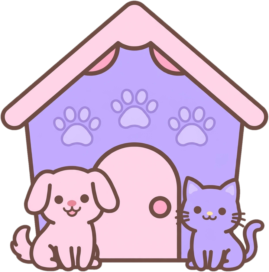 Ilustração do cachorrinho rosa e do gatinho lilás em frente à casinha Pets Who